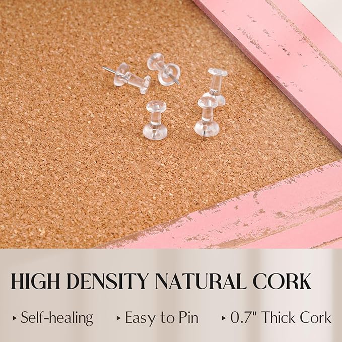 Cork Bulletin Board, 36" x 24" Corkboard for Wall, Pink Wooden Frame, Hanging Pin Board Tack Board for Home Office Decor, 10 Push Pins