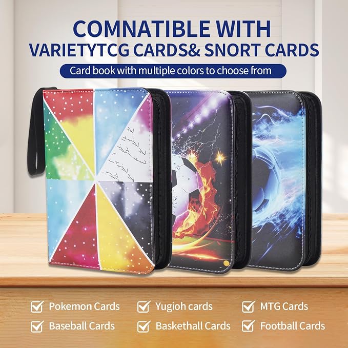 Card Binder – 400 Capacity, Zippered Trading Card Holder for MTG, Sports & Collectible Cards – Acid-Free, Durable & Travel-Friendly Storage (Colorful Patchwork, 4 Pocket)