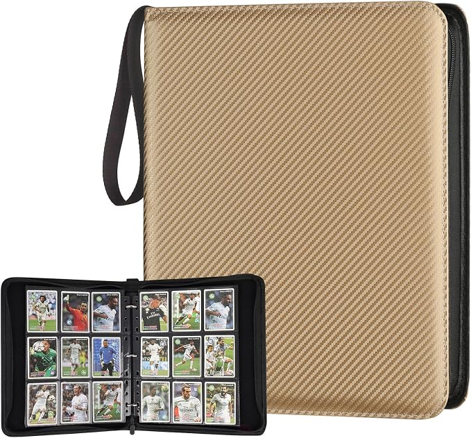 GERMUN 3 Ring 9 Pocket Zipper Card Binder, 720 Double Sided Standard PU Trading Card Album Folder for TCG & Sports Cards, Not Fit Top Loaders (Gold)