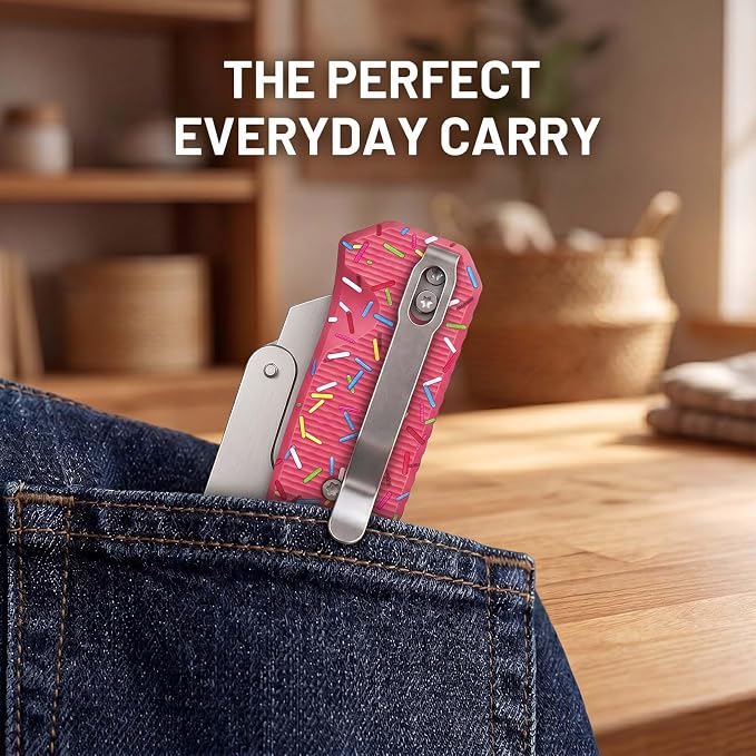 Folding Utility Knife, Pocket Knife, Box cutter Knife with Pocket & Rail Lock, Durable Razor Knife for Home Office Warehouse Everyday Carry, Gift for Men Women（Pink Donuts）