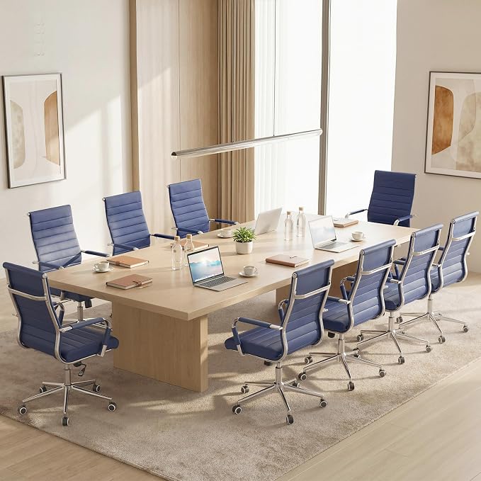 Okeysen Office Desk Chair, Ergonomic Leather Modern Conference Room Chairs, Executive Ribbed Height Adjustable Swivel Rolling Chair for Home Office Set of 6. (Blue)