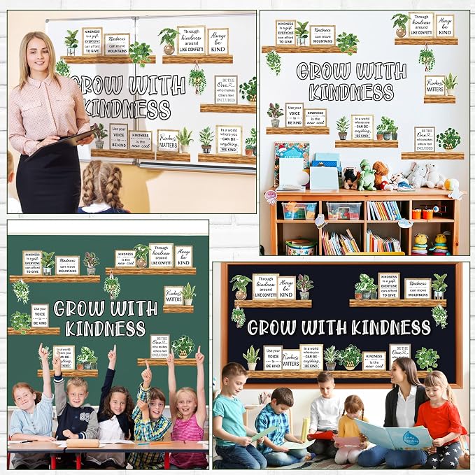 Qilery Bookshelf Bulletin Board Set Motivational Classroom Decor | Reading Library Bulletin Board Set Inspirational Cutout for Back to School Classroom Decoration(Grow with Kindness)