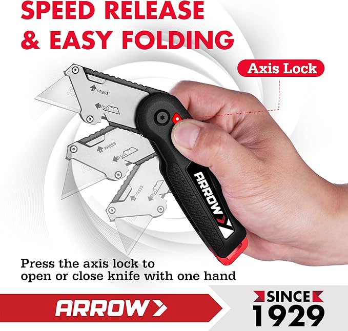 ARROW Utility Knife, Speed Release Folding Knife with Blade Storage Design, Quick Change Box Cutter with Belt Clip and Landyard Hole, Extra 13 Pieces SK2 Blades Included
