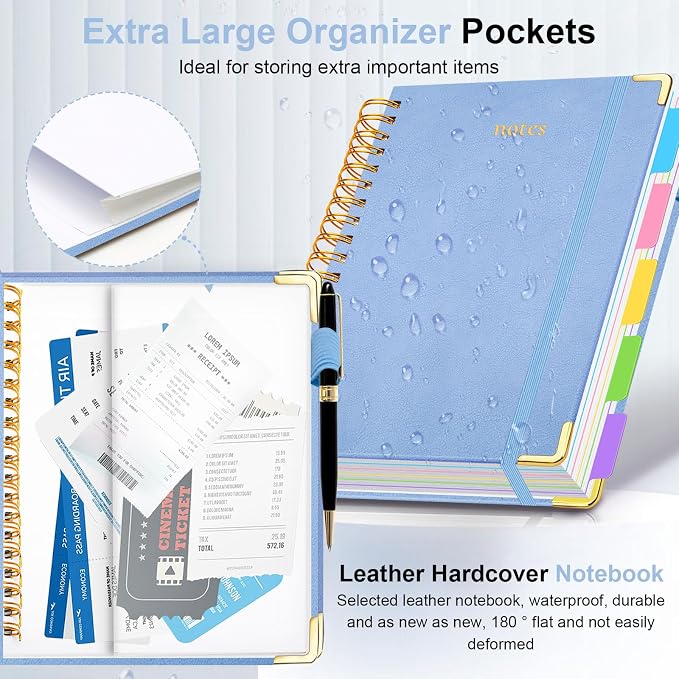 Hardcover Spiral Notebook 6.2"x 8.2" Journal Notebook with Tabs and Removable Dividers 300 Pages 5 Subject Notebook College Ruled, Faux Leather Spiral Bound Notebook for Women School Work(Lake Blue)
