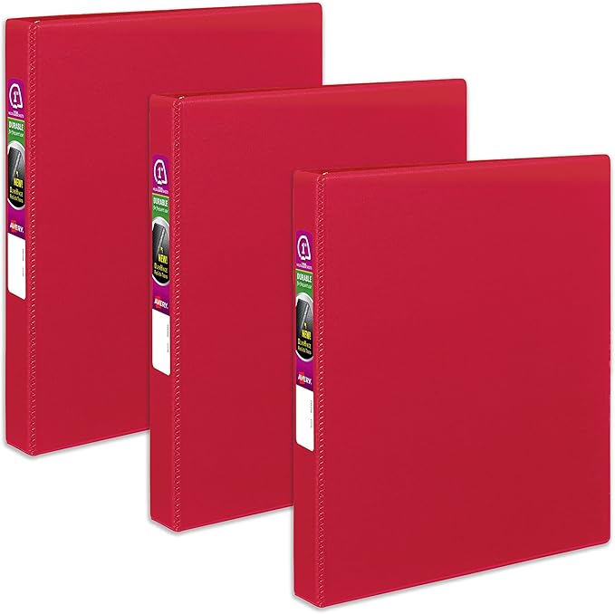 Avery Durable 3 Ring Binder, 1 Inch Slant Rings, 3 Red Binders (27201)