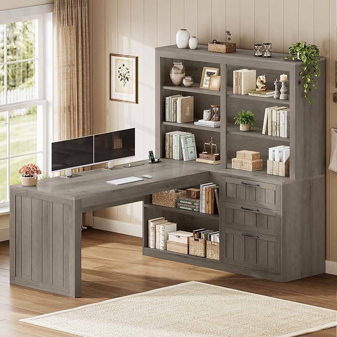 SEDETA Farmhouse L Shaped Computer Desk, 59'' Wood Office Desk with 3 Drawers and 5-Tier Bookshelf, Corner Desk with Storage Shelves and Power Outlet for Home Office Small Space, Grey