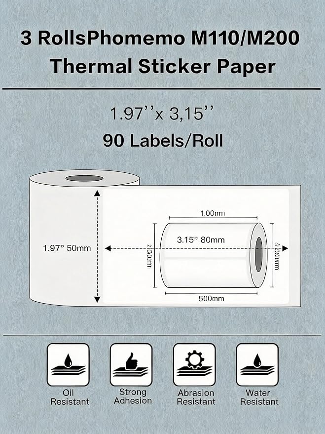 Phomemo Labels 3 Rolls, 1.97"x3.15", for M110/M100/M220/M108, 270 PCS | Square 50x80mm Waterproof Thermal Sticker, 3 Rolls, Use for Barcode, Logo,Listing, Business, Home,Organization, Office, White