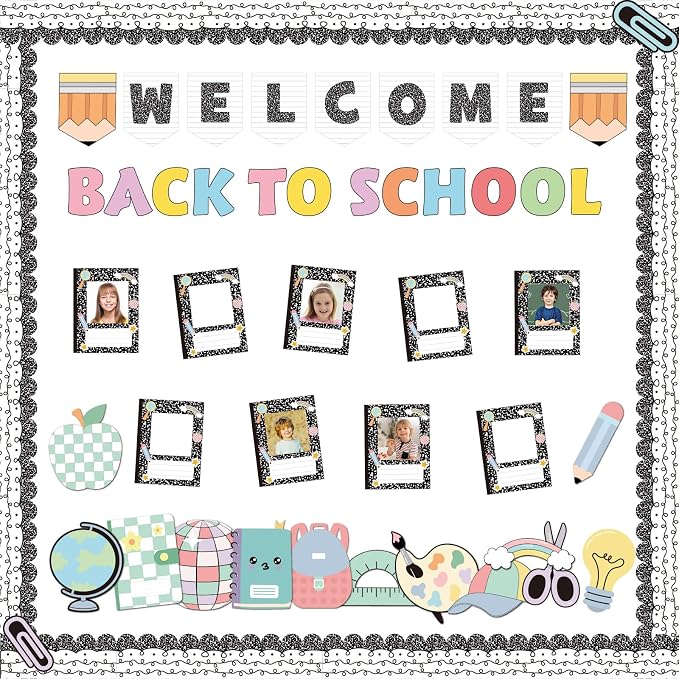 Mooliwe 89 Pcs Composition Notebook Classroom Decor Welcome Back to School Frame Bulletin Board Set First Day of School Composition Notebook Frame Cutouts for Teachers Chalkboard Home Decor