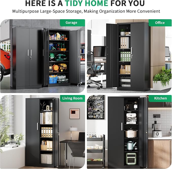 Metal Storage Cabinet with Locking Doors, 71" Tall Steel Locker Organizer with Adjustable Shelves, Garage Utility Cabinet for Home, Office, Shop, and School