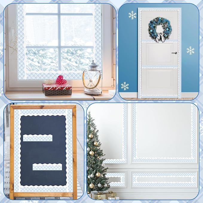 BeYumi Winter Snowflake Border Trim - 65ft Winter Christmas Sage Blue Snowflake Plaid Scalloped Rolled Border Trim Checkered Bulletin Board Borders School Classroom Office Chalkboard Door Decoration