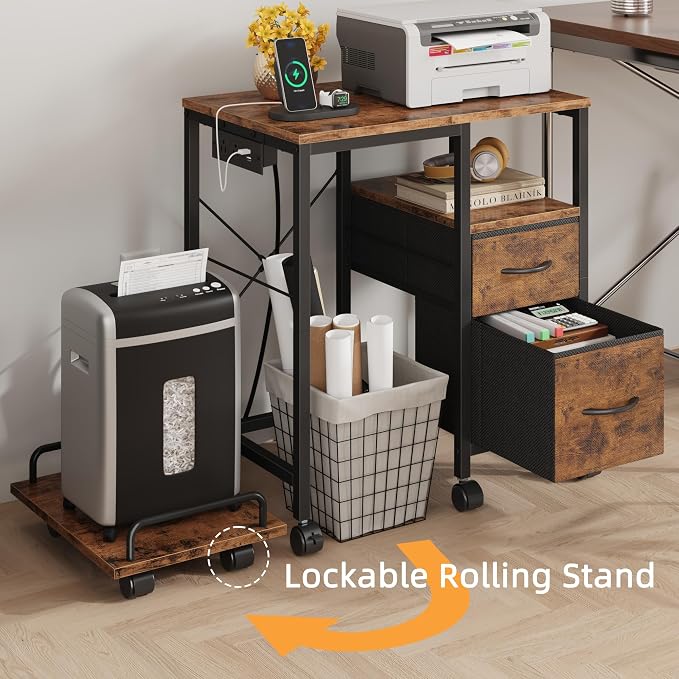 YAOHUOO Printer Stand with Power Outlet/Drawers, Printer and Shredder Stand | 22.8"x15"Top,Printer Desk with Storage Shelf,Rolling Table Cart with Lockable Wheels&Feet,Home Office,Rustic Brown