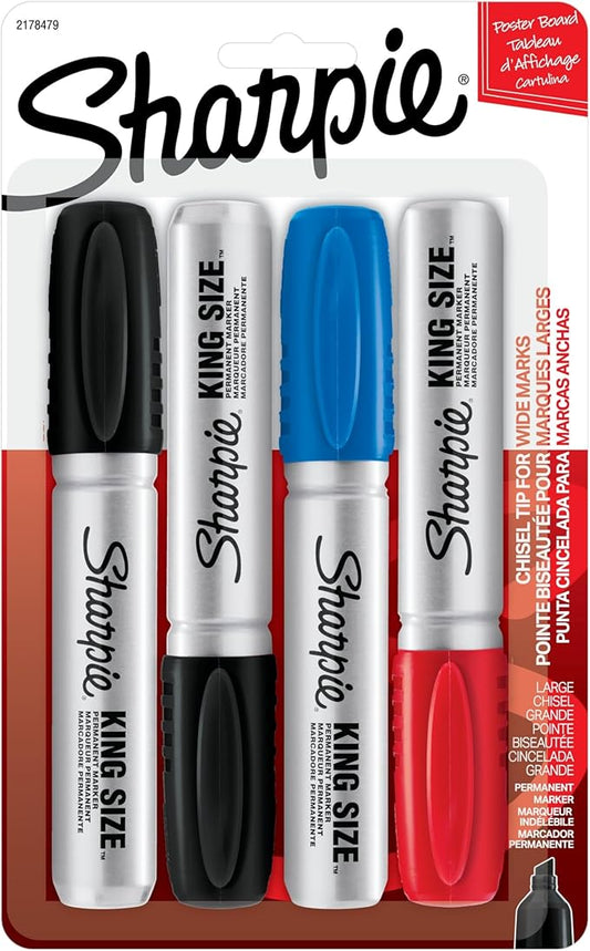 Sharpie King Size Permanent Marker, Large Chisel Tip, Great for Poster Boards, Assorted, 4 Count