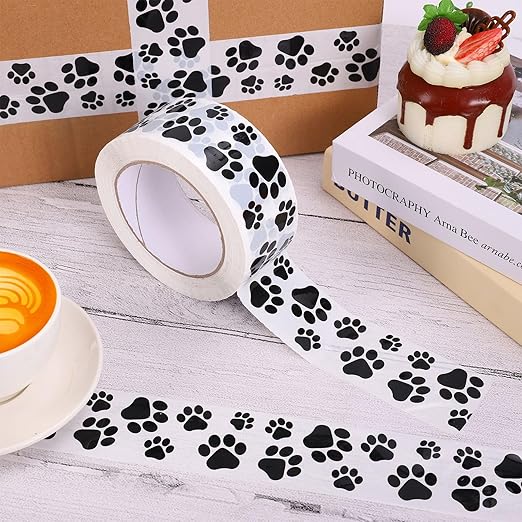 Whaline 109 Yard Dog Paw Packing Tape Waterproof Shipping Tape White Black Pet Paw Gift Wrapping Tapes for Small Business DIY Crafts Box Carton Decor