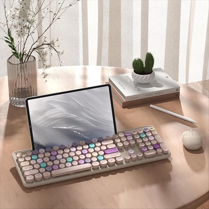 Wireless Keyboard and Mouse Combo with Phone Holder (Khaki) | MPTOG Colorful Typewriter Keys with Wrist Rest, , 2.4GHz Wireless, Full-Sized Optical Mouse for PC and Laptop