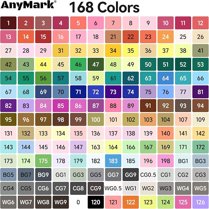 AnyMark 168 Colors Alcohol Markers Chisel & Fine Dual Tip | Coloring Markers Set for Adult Book Drawing Sketching Painting, Illustration, White Penholder