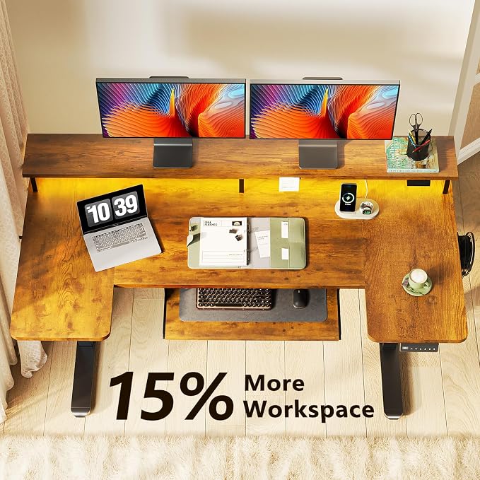 55 Inch U Shaped Standing Desk with Keyboard Tray, Rustic Brown | Power Outlet, Dual-Monitor Stand, LED Light, 3 Presets, 28.3"-46.5"in Range, 154 lb Capacity