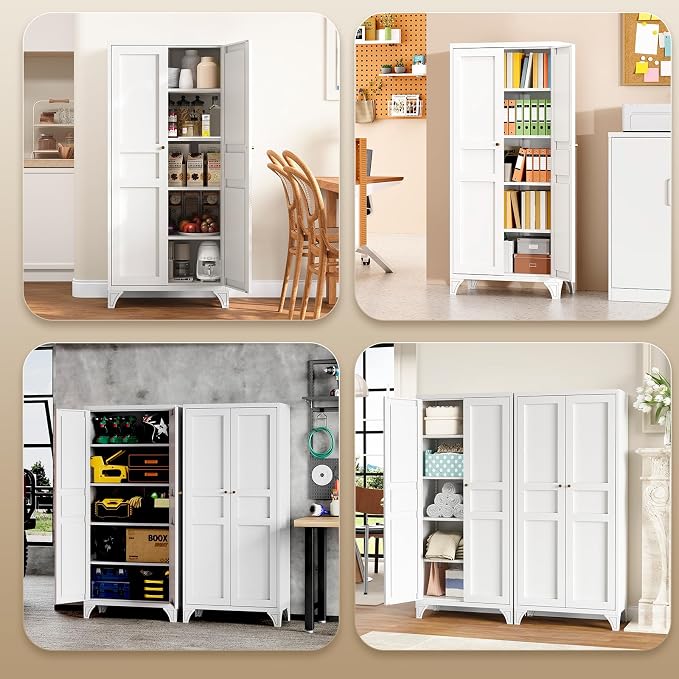 Metal Storage Cabinet with 2 Doors and Adjustable Shelves - 61" White Kitchen Pantry Storage Tall Steel Cabinets Locker for Kitchen, Living Room, Dining Room