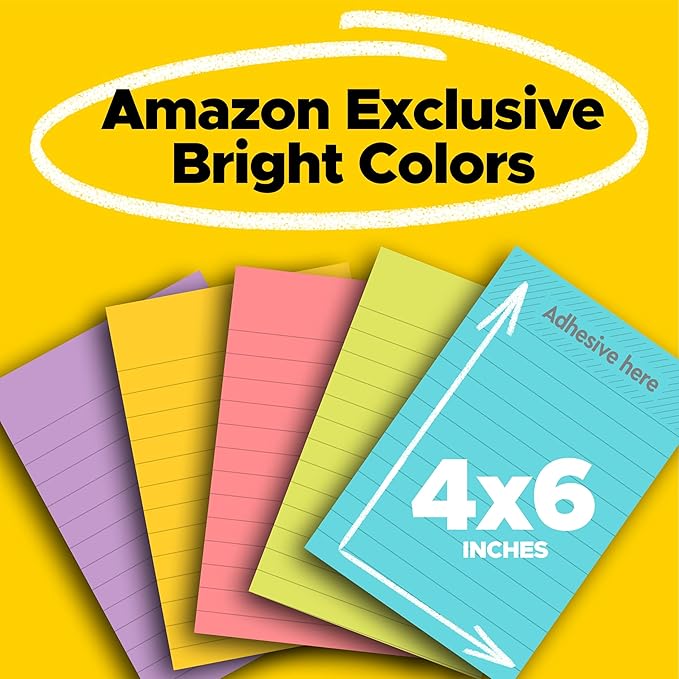 Post-it Super Sticky Lined Notes, 5 Sticky Note Pads, 4x6 in, Ideal for New Year Spring Cleaning or Second School Semester, Sticky Notes for Dorm, Home and Office, Bright Colors