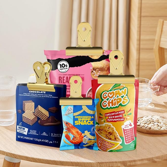 SIAMESE Bulldog Clips, 4 Pcs Binder Clips for Office & Kitchen, Multi-Purpose Binder and Food Bag Clamps for Sealing, Storage, Hanging (Gold)