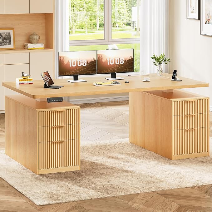 SEDETA Electric Standing Desk with 6 Drawers, 55" Adjustable Stand up Desk with Storage, Fluted Computer Desks with Power Outlets for Home Office, Oak