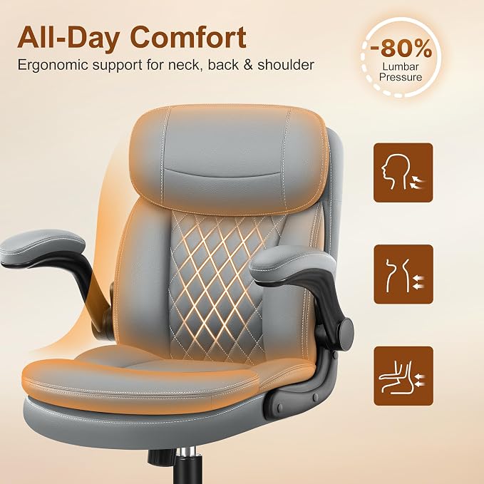 Leather Office Chair, Upgraded PU Computer Desk Chairs with Double-Layer Seat Cushion and Neckrest, 360°Swivel, Ergonomic Small Gaming Chair with Wheels and Adjustable Armrests for Short People, Grey