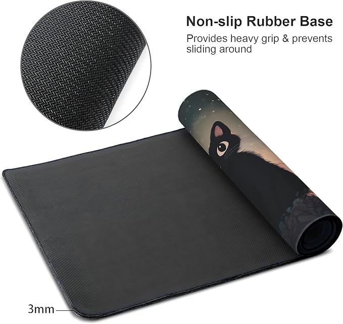 Cute Anime Black Cat Gaming Mouse Pad, Blue Pink Dreamy Desk Mat with Anti-Slip Base & Stitched Edges, Office Supplies & Desk Decor for Women, 35.4" x 15.7" in Home Office Essentials