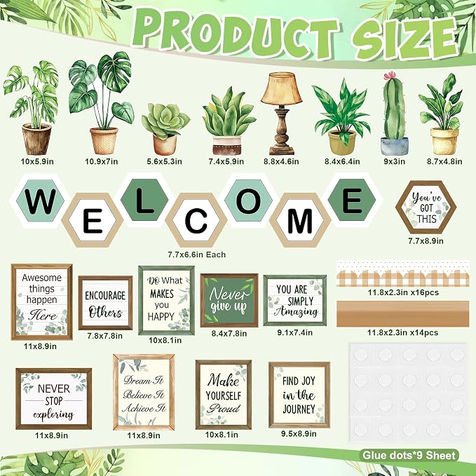 55Pcs Welcome Back to School Bulletin Board Decorations Set, Greenery Plant Bookshelf Inspirational Classroom Decorations, Welcome Affirmation Cutouts for Wall Door Classroom Office Elementary Middle