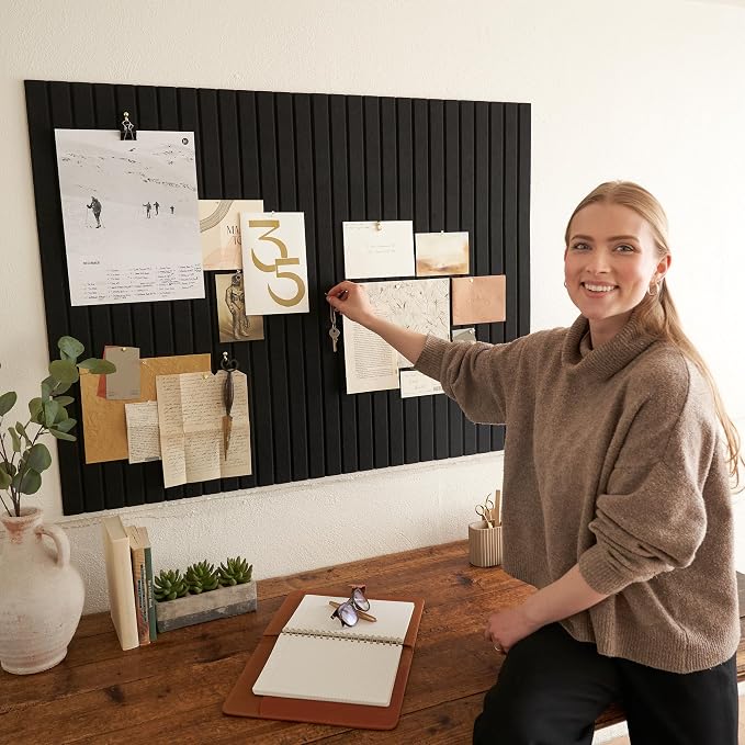 Large Felt Bulletin Board - Stylish 35 x 47 Inch Cork Board Alternative | 12 Customizable Adhesive Tiles with Golden Pins Perfect to Display Your Photos - Great for Office and Wall Decor