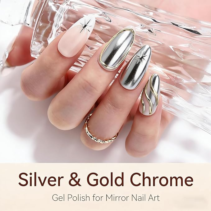 Makartt Chrome Gel Nail Polish Set: Metallic Gel Nail Polish, Silver and Gold 3D Metal Painting Gel for Nail Art Soak off UV/LED Glossy Mirror Effect Nail Gel for Home Salon DIY Manicure（2pcs）