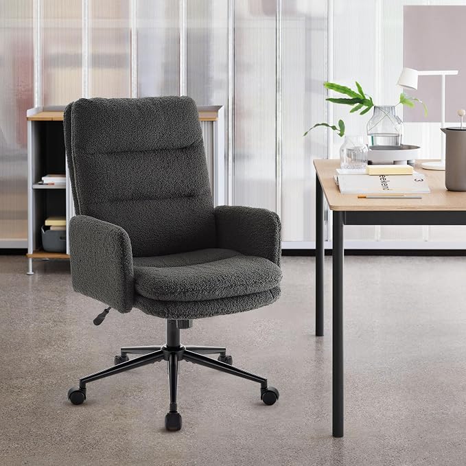 IWMH High Back Home Office Chair,Comfy Desk Chair with Armrests Cashmere | Ergonomic Upholstered Office Desk Chair,Height Adjustable Armchair with Wheels, 360° Swivel Desk Chair (Dark Grey)