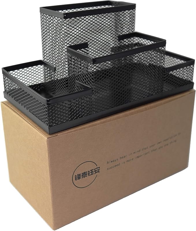 Fengtaiyuan T02 Black-Plus, Big Black Metal Wire Mesh Pencil Holder, Desktop Organizer