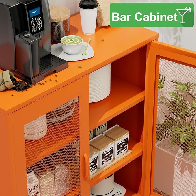 Chshin Metal Locker Storage Cabinet with 2 Mesh Doors and Adjustable Shelves,Orange Metal Locker Cabinets,Coffee Bar Cabinet,Kitchen Pantry Storage Cabinets for Home,Sideboard,Office(40" H)