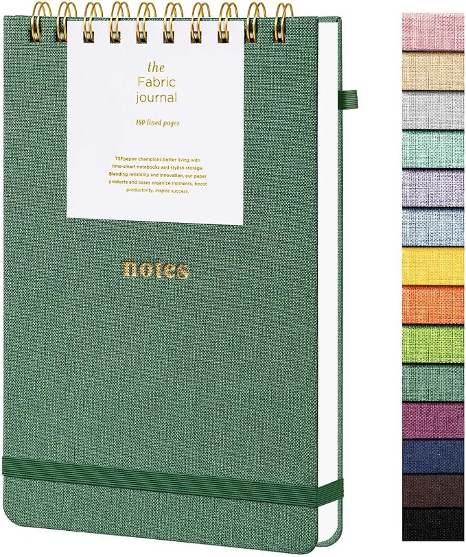 TSFPapier A5 Top Spiral Notebook, Fabric Hardcover College Ruled Journal | 100GSM Paper 160 Lined Pages, 5.7"x8.39" Steno Pads with Elastic Band & Pen Loop, for Work, School Note Taking (Pine Green)