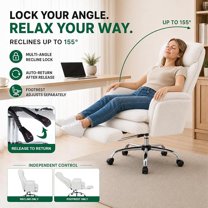 Criss Cross Office Chair with Wheels,Flip-Up Arms and Footrest, White | Cross Legged Office Chair, 30" Wide Seat, 7.87" Teddy Fleece Cushion, 155° Recline, 400 lb, Home Office or Vanity