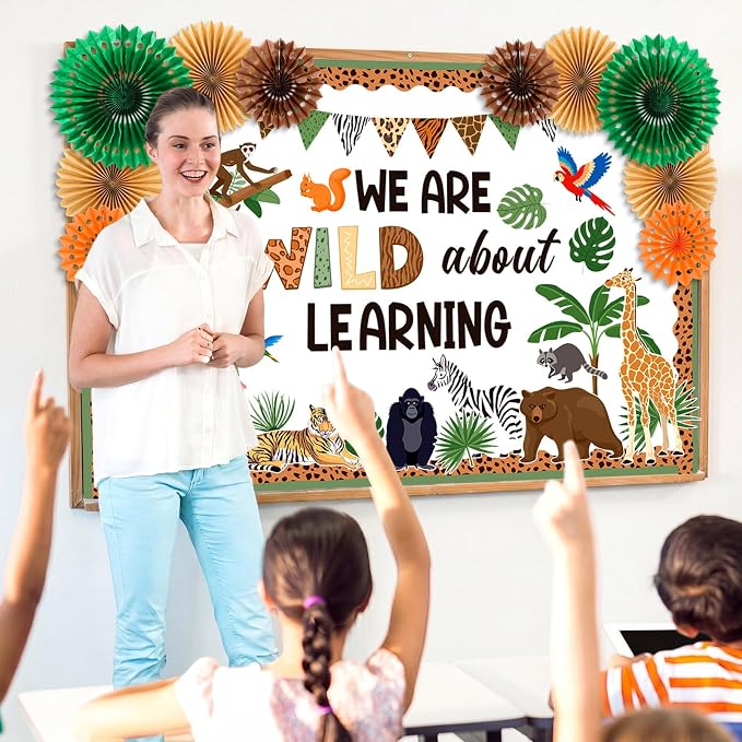 70 Pcs Jungle Bulletin Board Decorations with Paper Fans 3D Safari Animal Classroom Bulletin Board We are Wild About Learning Educational Cutouts for Back to School Office Wall Decor Supplies