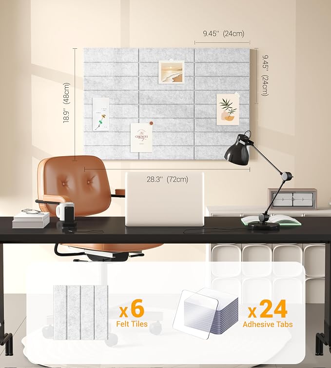 28" x 18" Felt Bulletin Board Tiles 1/2" Thick, Light Gray | 6 Pack Felt Tiles, Large Cork Board Alternative, 30 Adhesive Tabs, Pin Board for Home Office Decor with Easy Install