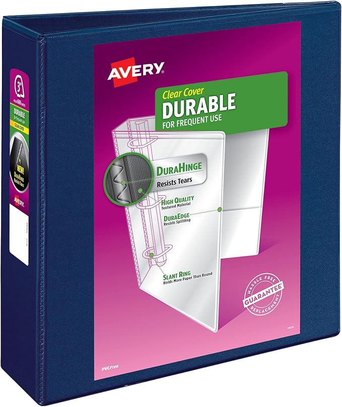 Avery Durable View 3 Ring Binder, 3" Slant Rings, 1 Blue Binder | For Daily School, Home and Office Use, Tear-Resistant Spine, DuraEdge Split-Resistant Edges, Clear Customizable Overlays