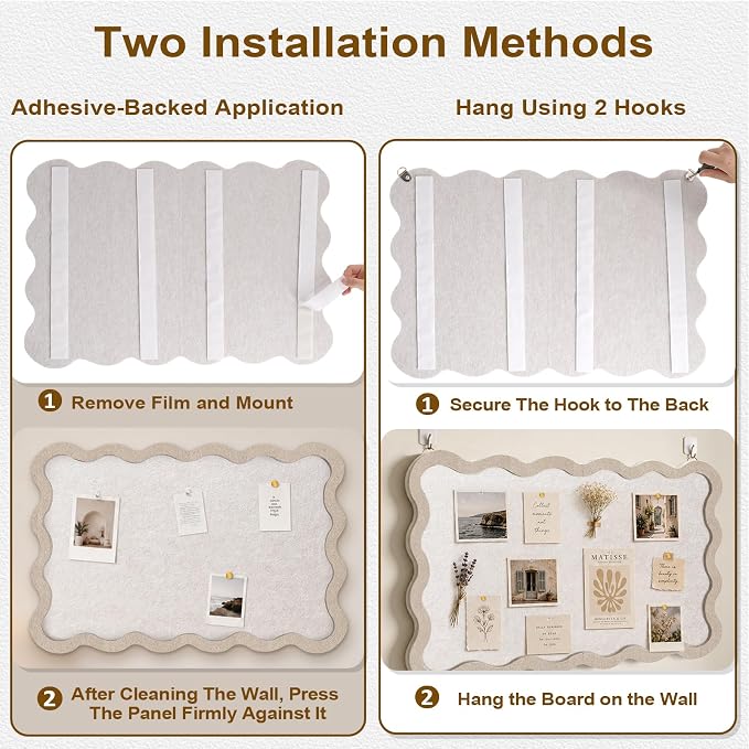Scalloped Felt Bulletin Board, 36" x 24" Felt Cork Board Alternative for Wall, Foldable Picture Self-Adhesive Boards with Pins Hooks, Vision Boards for Photo Display School Home Office, Oatmeal