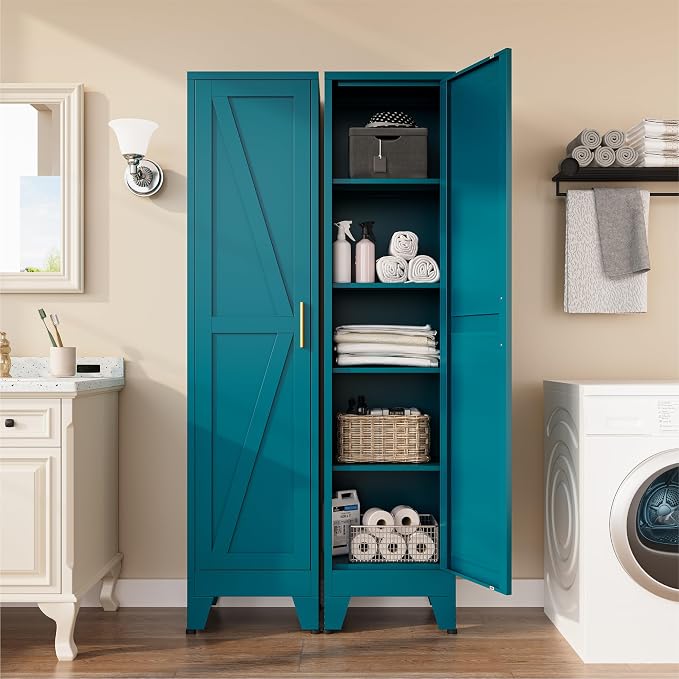COFaR Tall Bathroom Cabinet, Metal Farmhouse Narrow Slim Storage Cabinet with Adjustable Shelves Barn Door for Bathrooms, Kitchens, Entrances Living Room (Blue)
