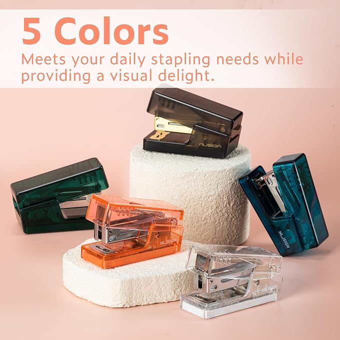 NUSIGN Mini Stapler with 830 Staples, Small Cute Desk Staplers, 25 Sheet Capacity, Clear Orange