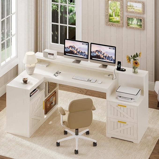 63" Farmhouse L Shaped Desk with Drawers and Printer Stand for Home Office | Computer Desk with Power Outlet, Home Office Desk with Storage Shelves and Monitor Stand, White