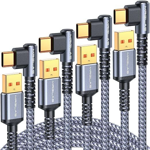 3.2A USB Type C Charger Cable [4-Pack, 90° &Gold-Plated] Fast Charge | 6.6+6.6+6.6+6.6FT, Right Angle Type C Charger Durable Braided Cord for iPhone 17 16 15 Samsung S10 Note 10 S21 LG -Grey