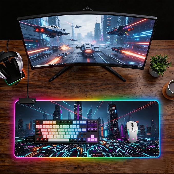 Cyberpunk RGB Mouse Pad LED Desk Mat with Futuristic Circuit Board Design