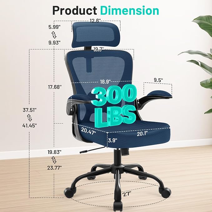 Office Chair - Ergonomic Desk Chair Breathable Mesh Chair with 2D Headrest & Adjustable Lumbar Support - Executive High Back Rolling Swivel Computer Gaming Chair with Wheels Flip-up Armrests
