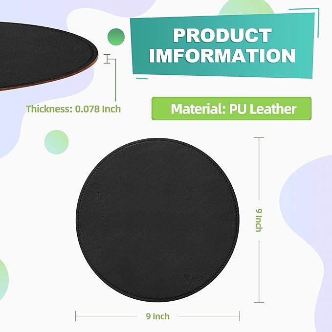 Mouse Pad，Round Mouse Pad，PU Mouse Pad，Leather Mouse Pad with Stitched Edge Micro-Fiber Base with Non-Slip Waterproof，Mouse Pad for Computers，Laptop，9 x 9 Inch (Black)
