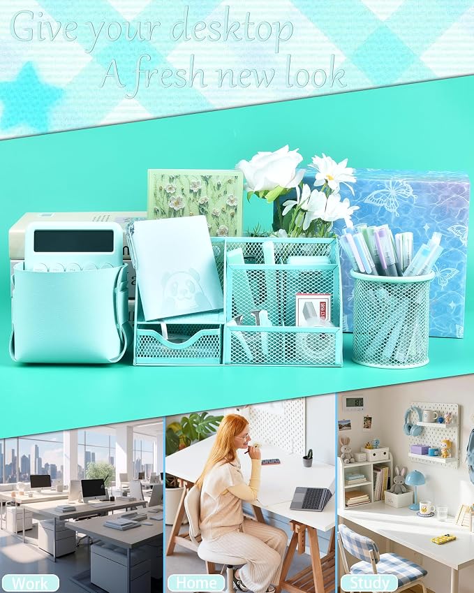 23pc Green Desk Accessories and Organizers with Mesh Organizer Stapler Tape Dispenser Calculator and a Lot of Office Purple Office Supplies Beautifully Presented in a Gift Box