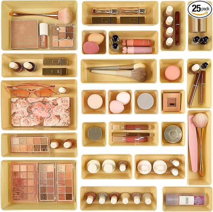 Vtopmart 25 Pack Plastic Drawer Organizers with Non-slip Rubber Pads | 4-Size Versatile Makeup Organizer, Storage Containers Small Bins for Makeup, Jewelries, Bedroom, Kitchen Utensils and Office