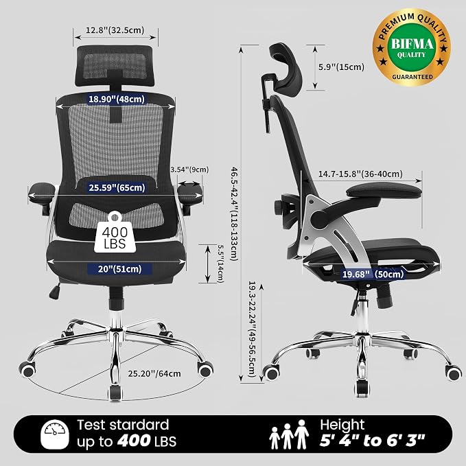Fizzin Office Chair Mesh Desk Chair with 3D Armrests Computer Chair | Ergonomic Office Chair with Adjustable Lumbar Support and Headrest 125° Tilt and Wide Mesh Cushion High Back Home Desk Chair