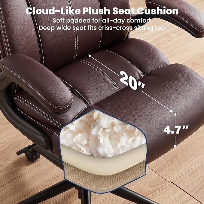 Ergonomic Office Chair, High Back Executive Leather Desk Chair | Inflatable Lumbar Support for Back Pain Relief, Heavy-Duty Computer Desk Chair for Long Workdays, Flip-Up Armrests, Coffee