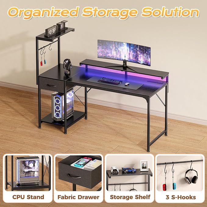 55.1 Inch Gaming Desk with LED Lights & Power Outlets | Computer Desk with Drawer & Storage Shelves, Office Writing Desk with Monitor Stand for Work from Home, Black